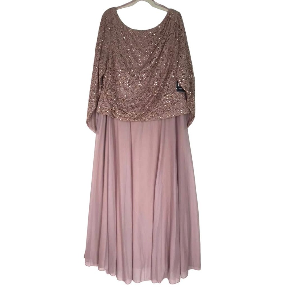 Marina Gown Dress 20W Pink Lace Sequin Chiffon Capelet Pleated Maxi V Back